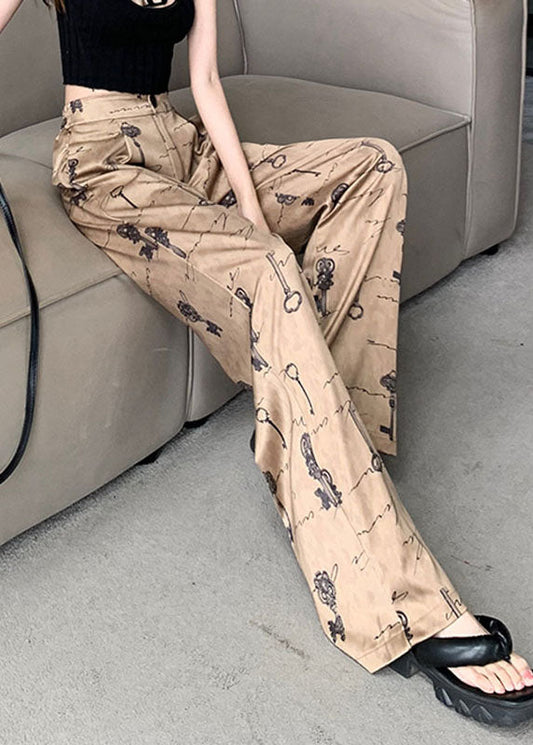 Women Print Pockets High Waist Satin Wide Leg Pants Spring